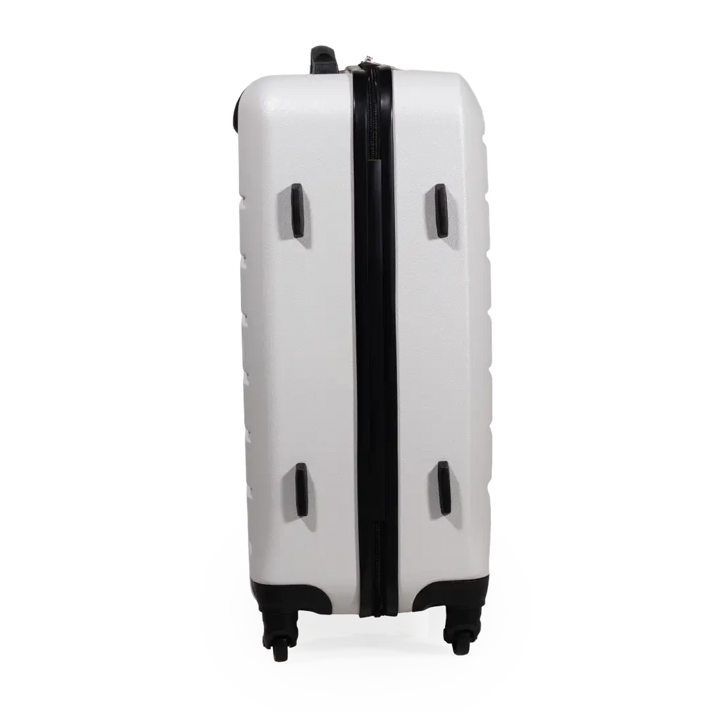 White suitcase with black accents on a white background