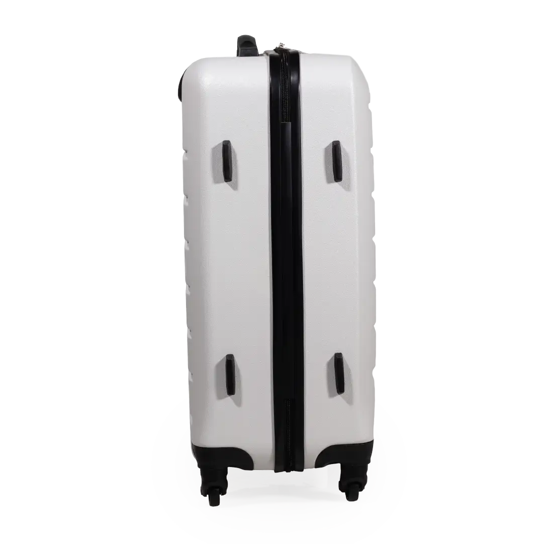 White suitcase with black accents on a white background