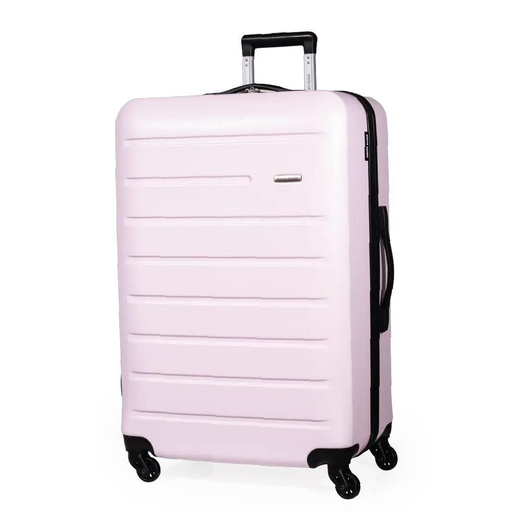 Pink suitcase with black wheels and handle on a white background