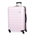 Pink suitcase with black wheels and handle on a white background