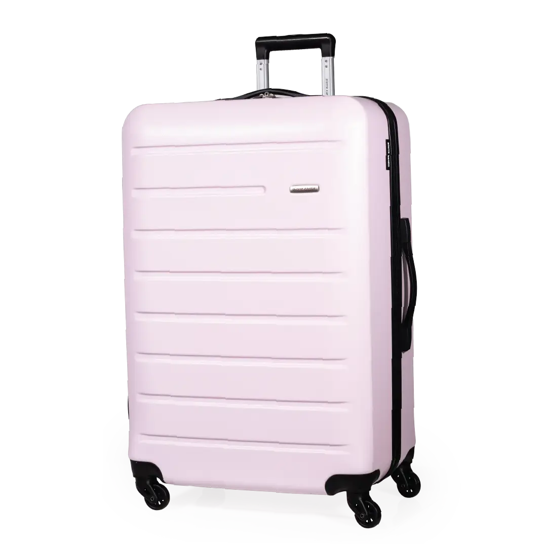 Pink suitcase with black wheels and handle on a white background