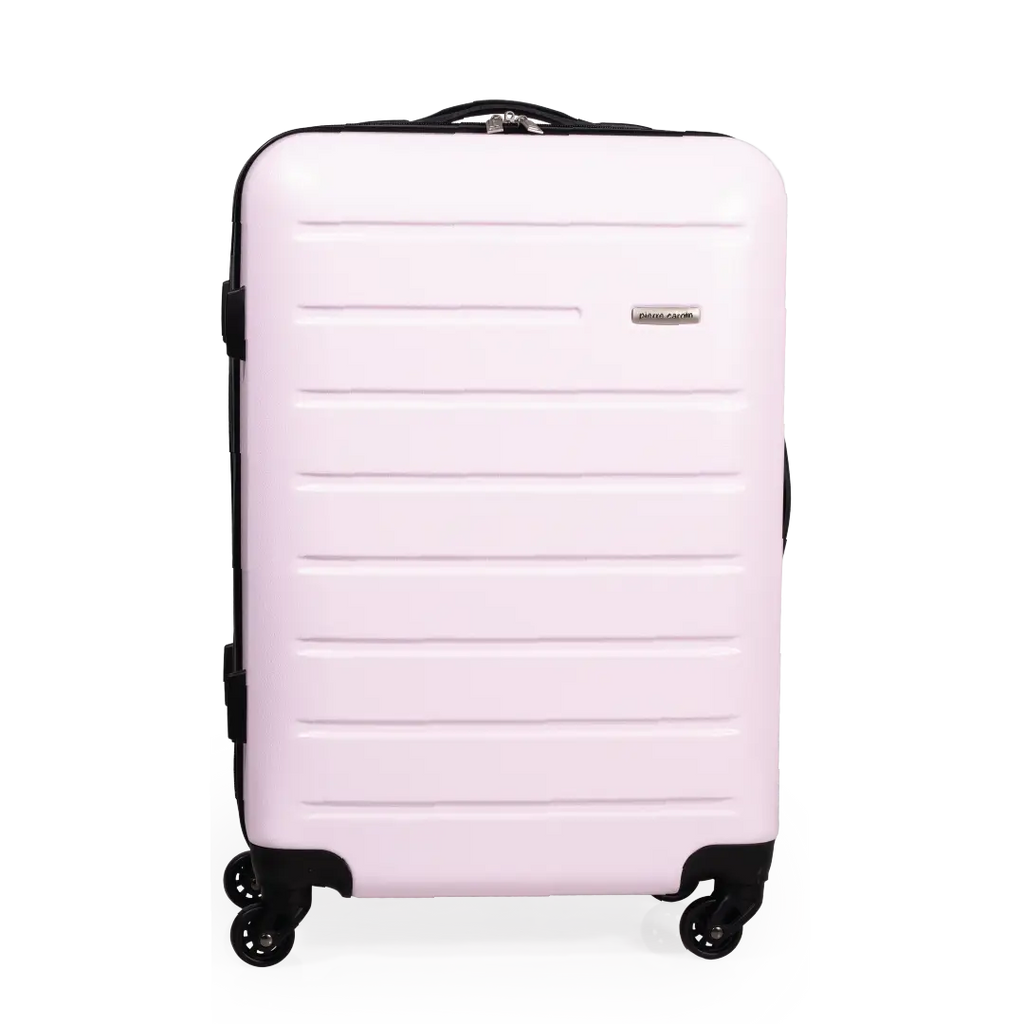 Pink suitcase with black wheels on a white background
