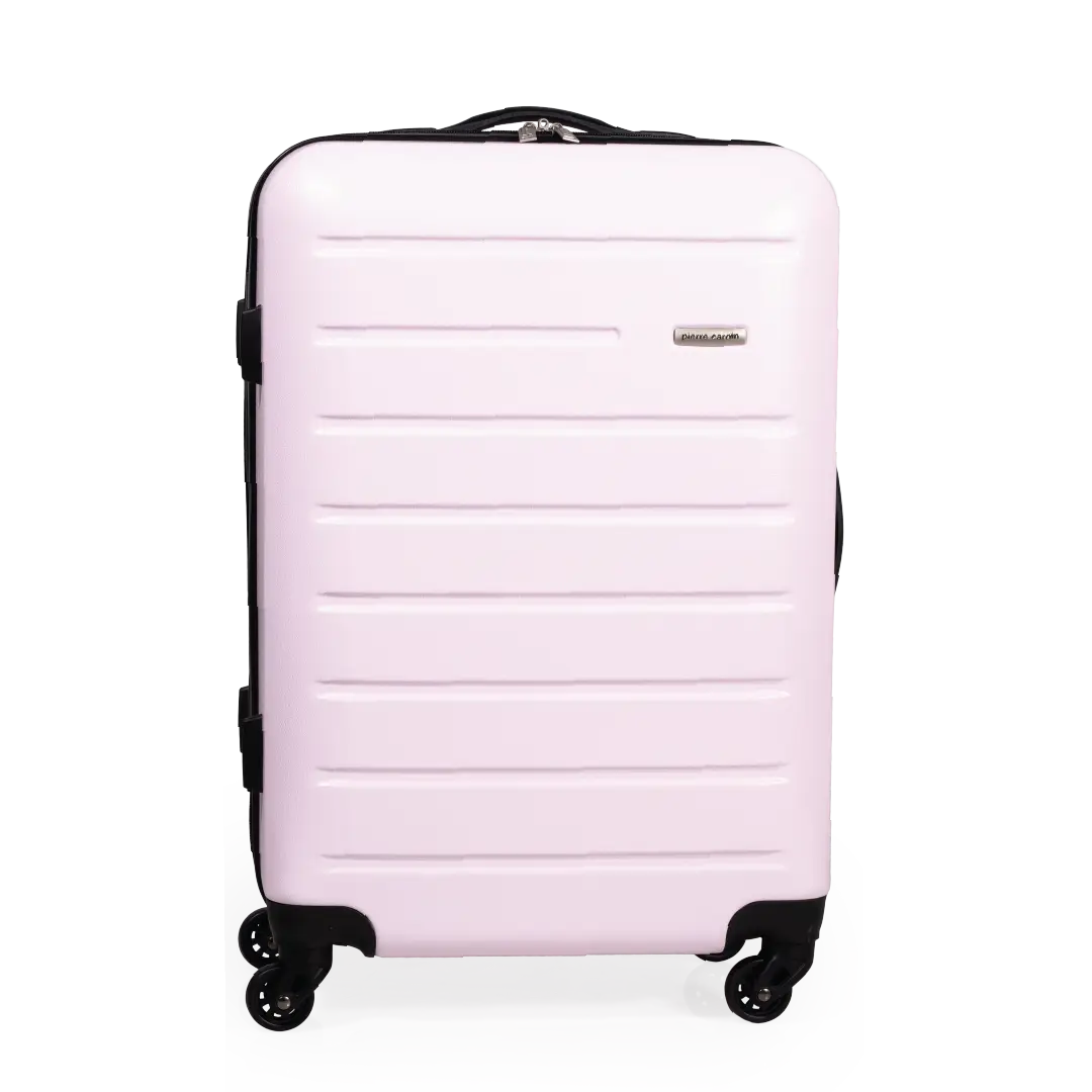 Pink suitcase with black wheels on a white background