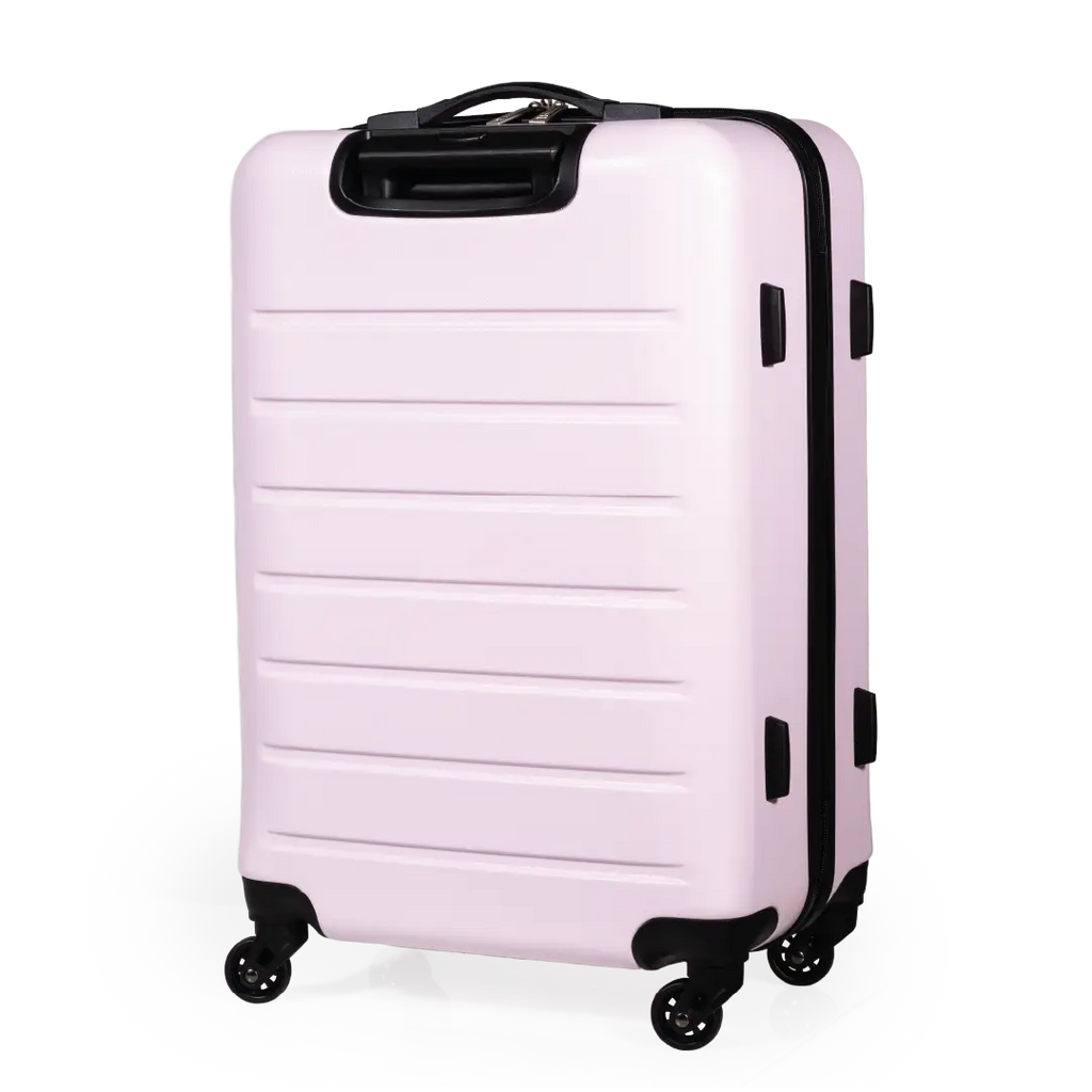 Pink suitcase with black wheels and handle on a white background