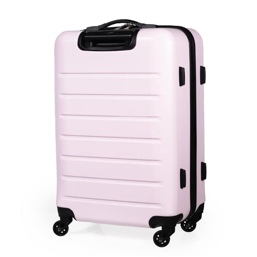 Pink suitcase with black wheels and handle on a white background