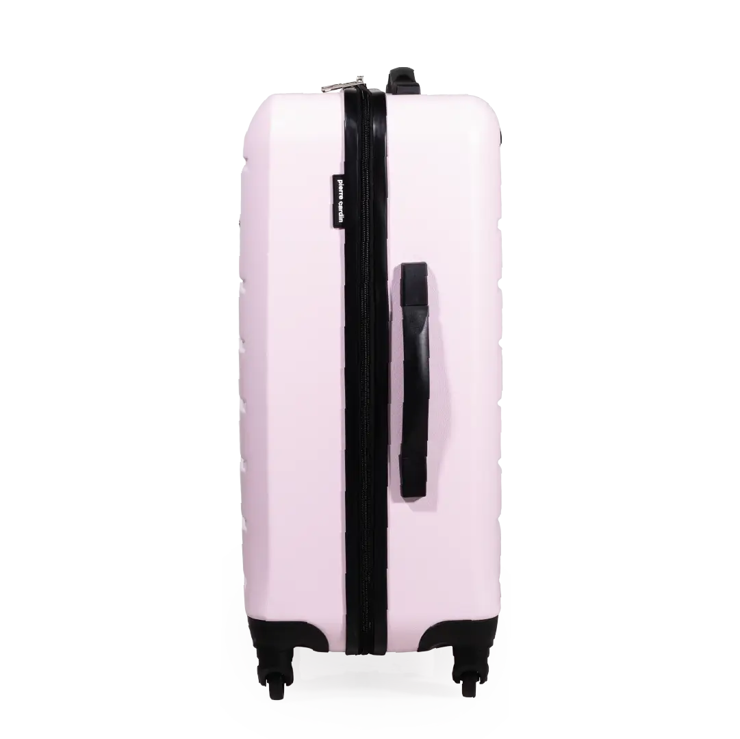 Pink suitcase with black handle and wheels on a white background