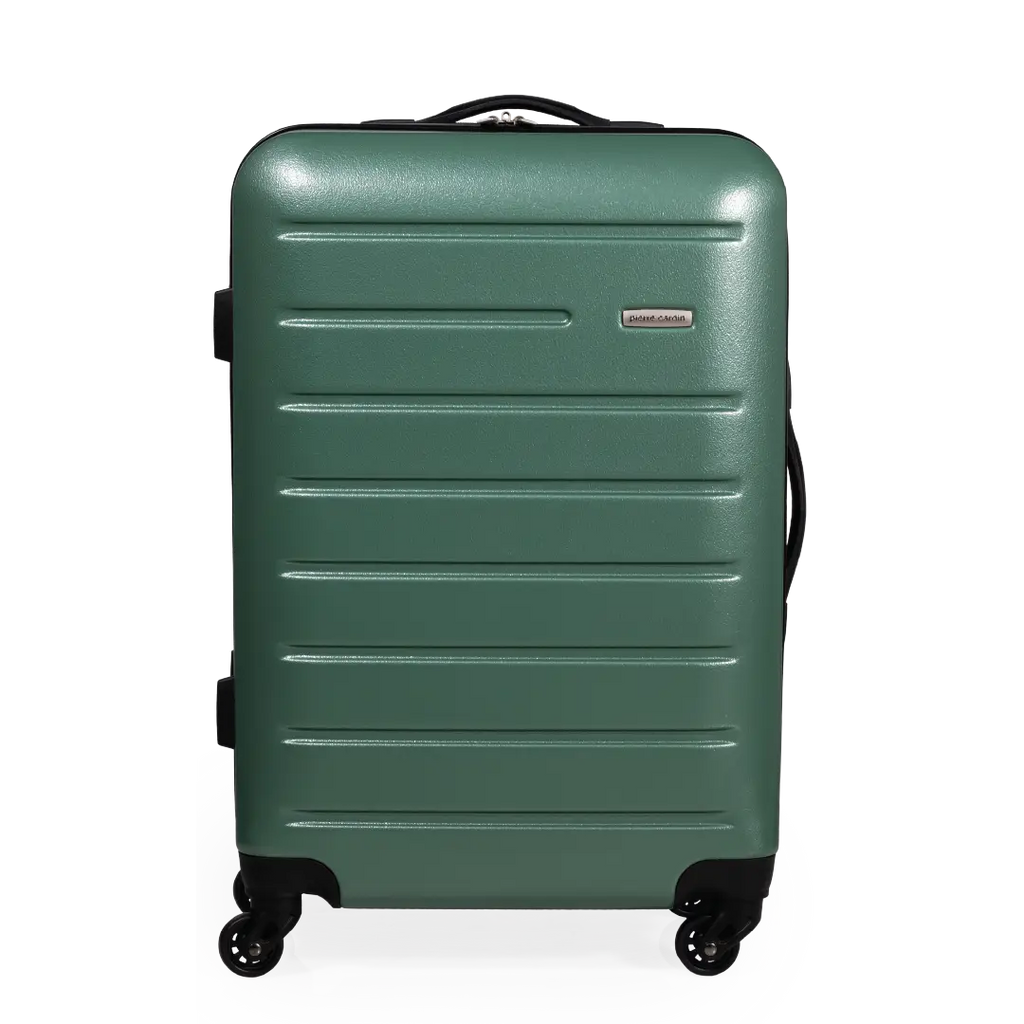 Green suitcase with a visible brand logo on a white background