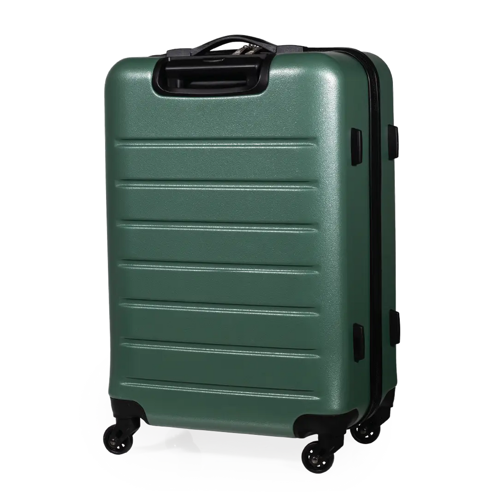 Green suitcase with black wheels on a white background
