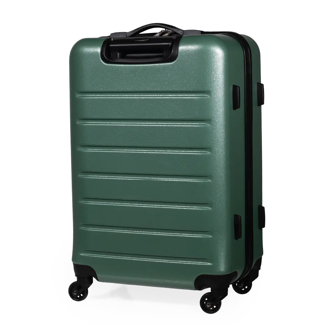 Green suitcase with black wheels on a white background