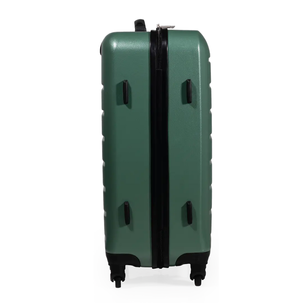 Green suitcase with black zipper on a white background