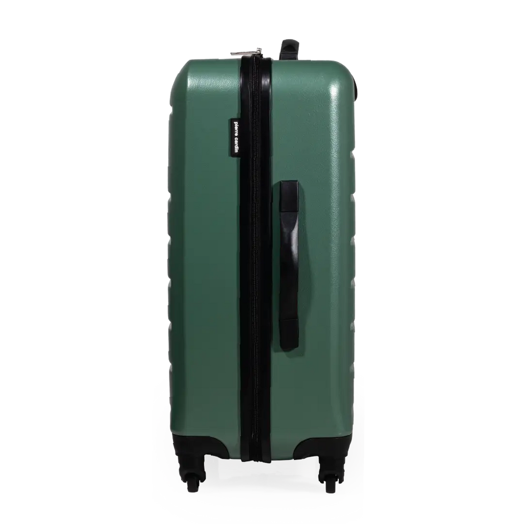 Green suitcase with black handle and wheels on a white background