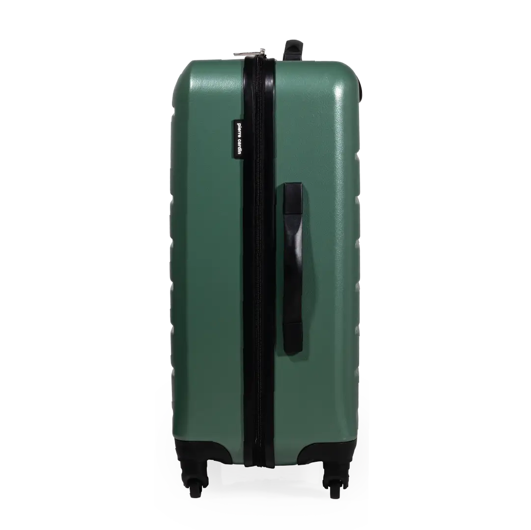 Green suitcase with black handle and wheels on a white background