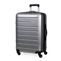 Silver suitcase with black wheels on a white background