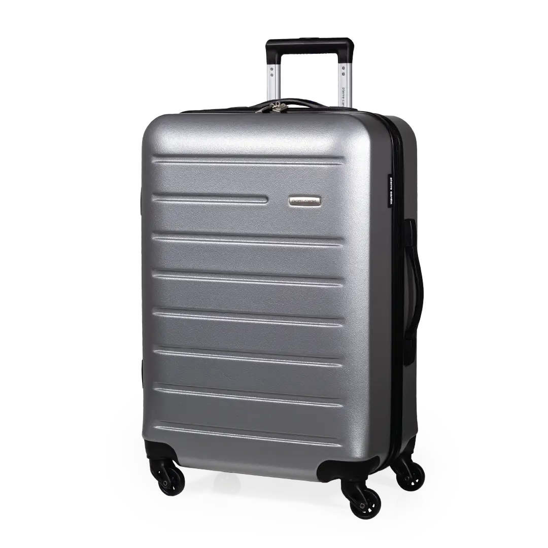 Silver suitcase with black wheels on a white background