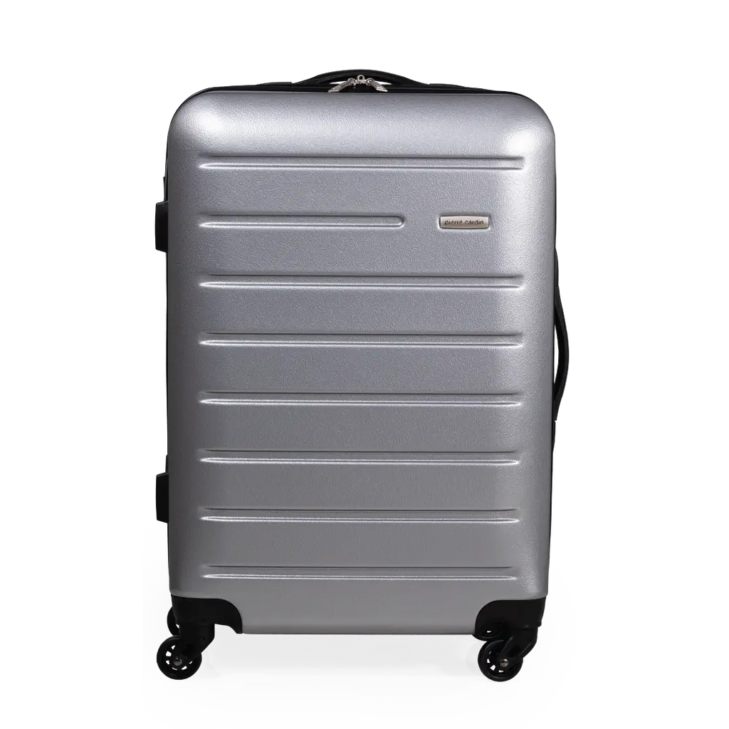 Silver suitcase with black wheels on a white background