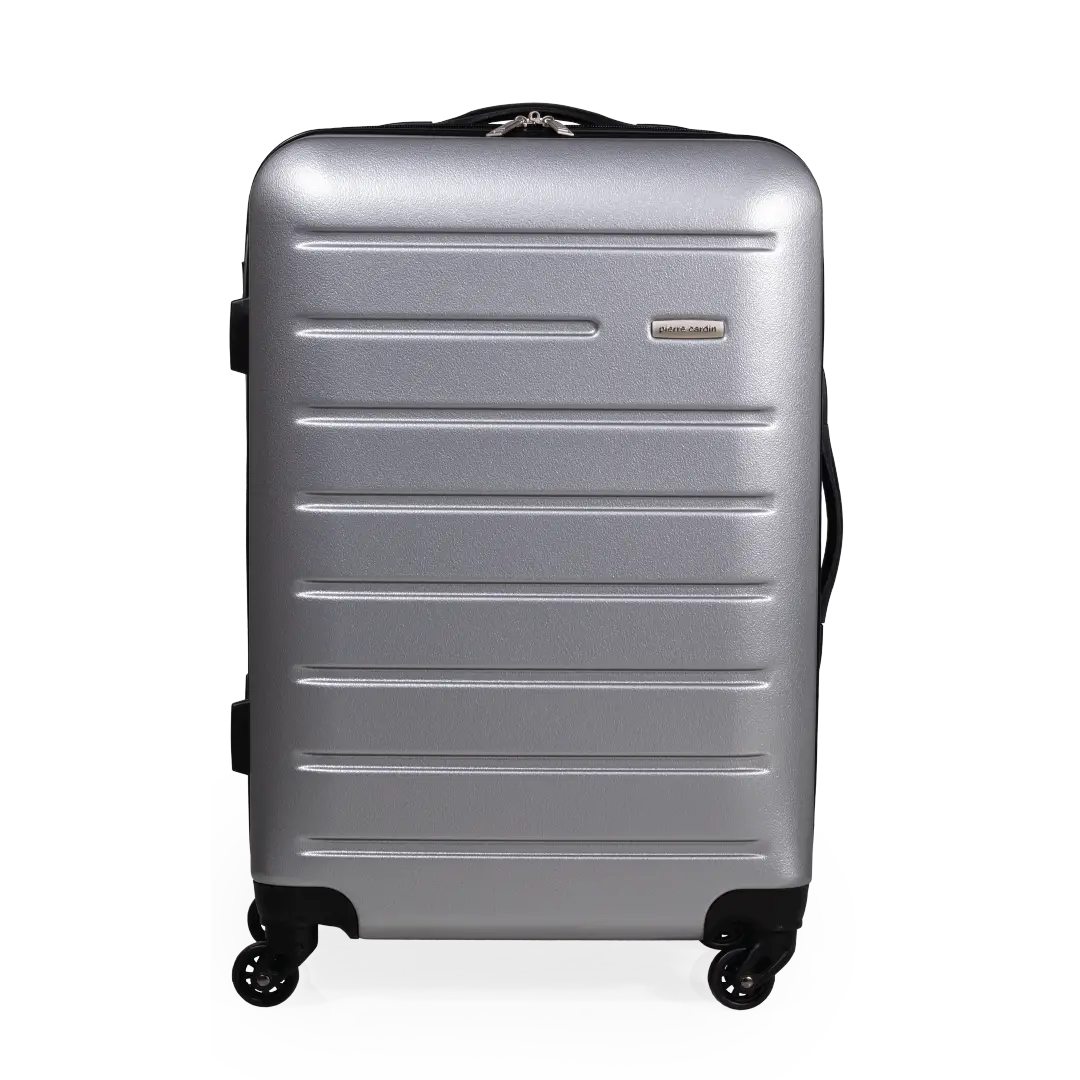 Silver suitcase with black wheels on a white background