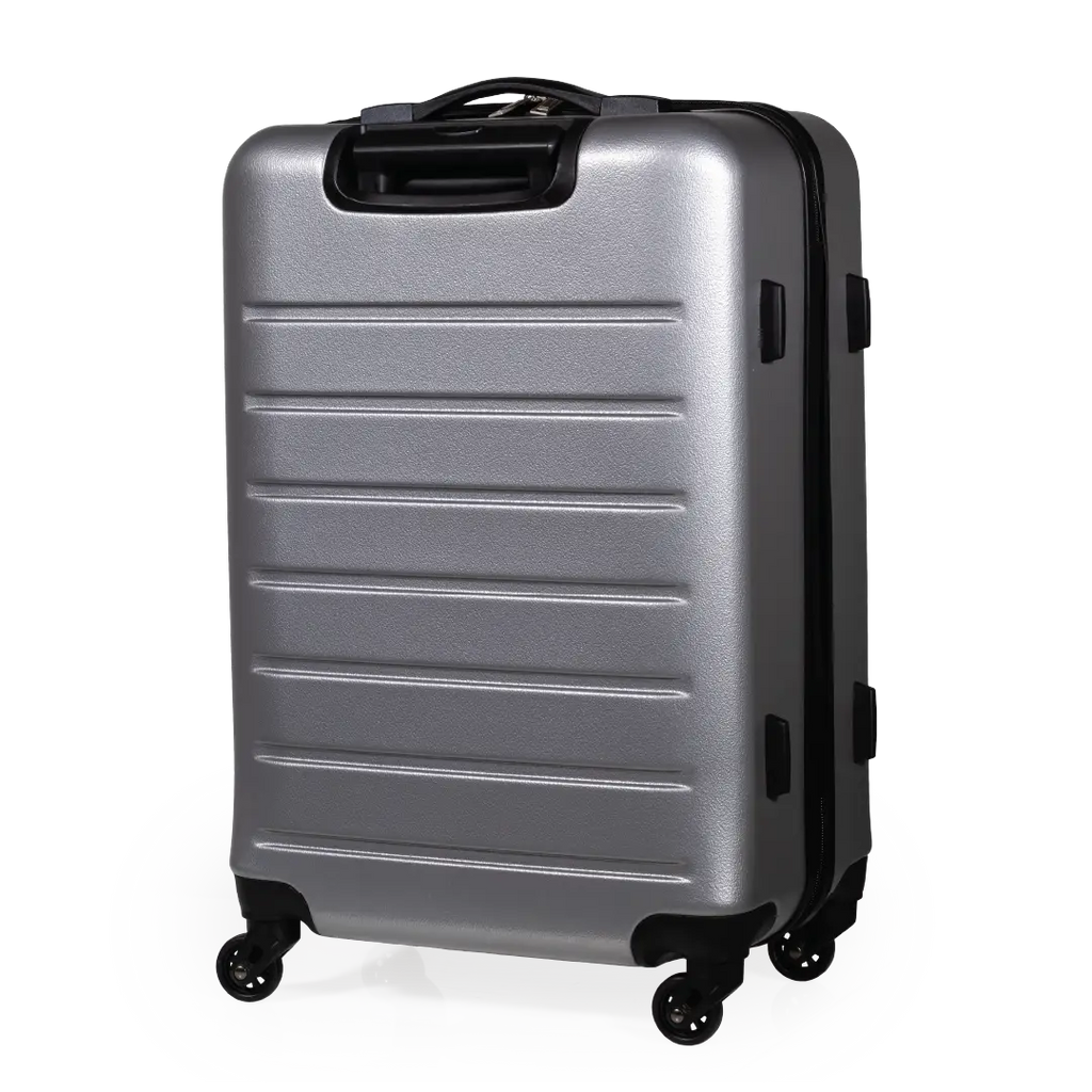 Silver suitcase with black wheels on a white background