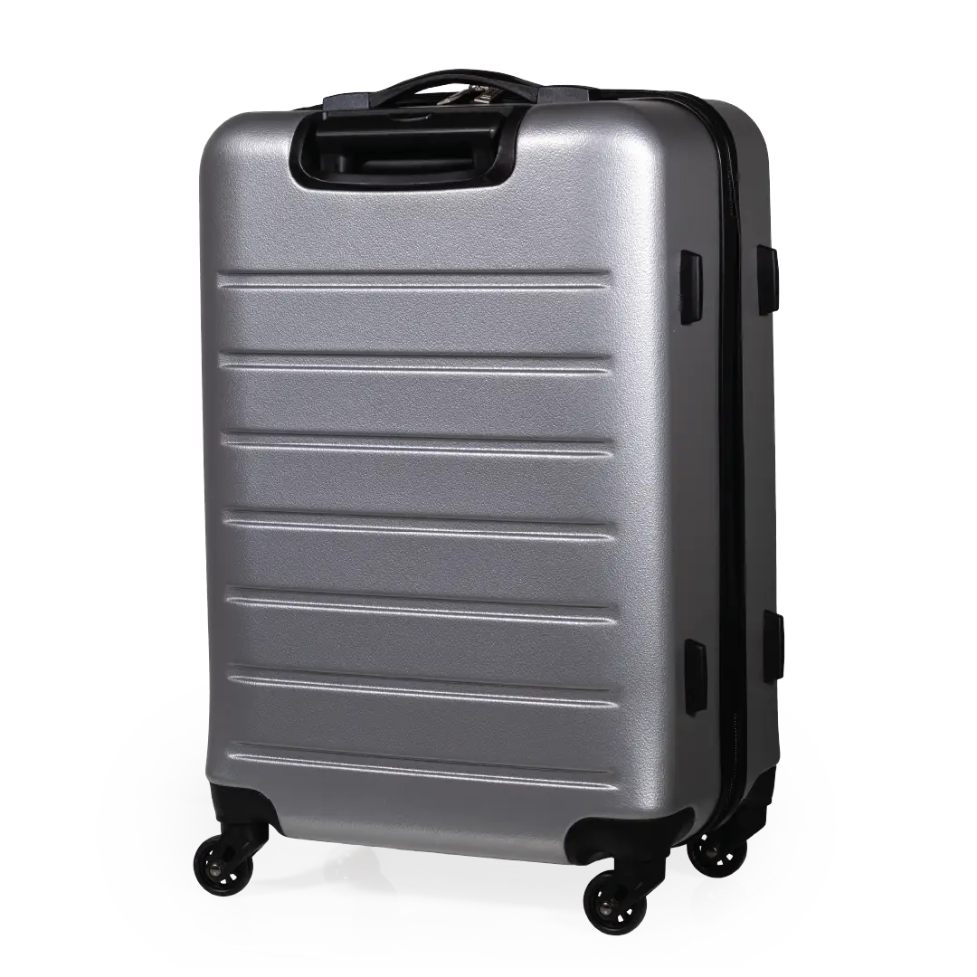 Silver suitcase with black wheels on a white background