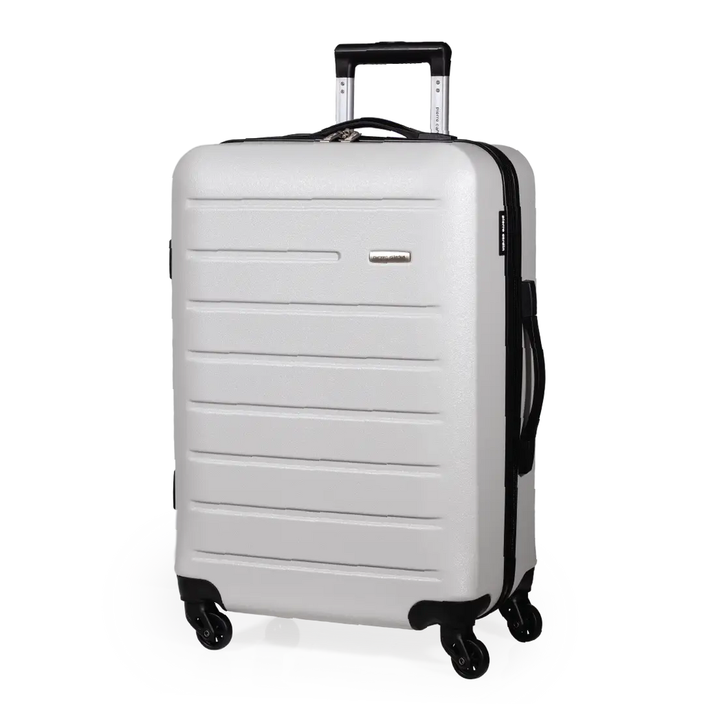 White suitcase with black wheels and handle on a white background