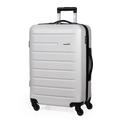 White suitcase with black wheels and handle on a white background