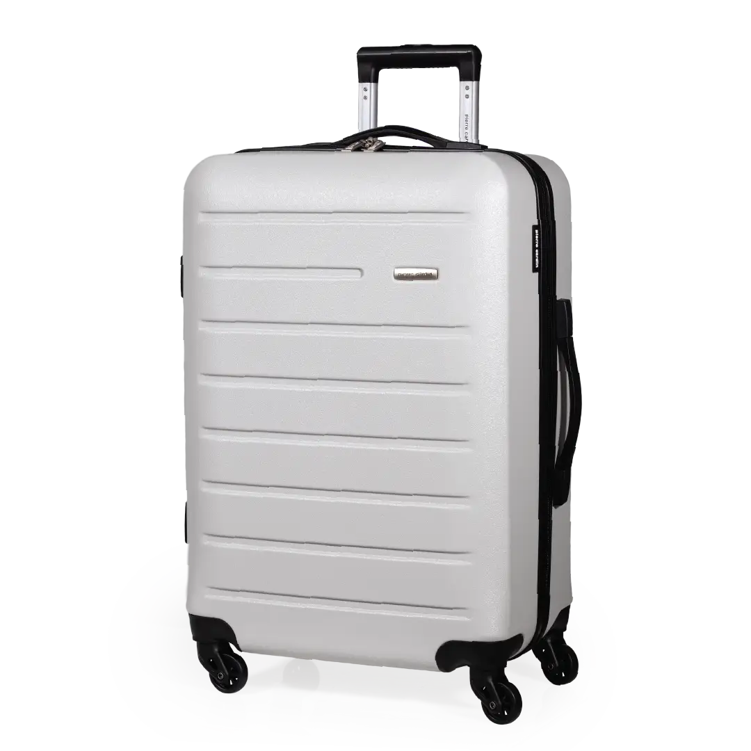 White suitcase with black wheels and handle on a white background