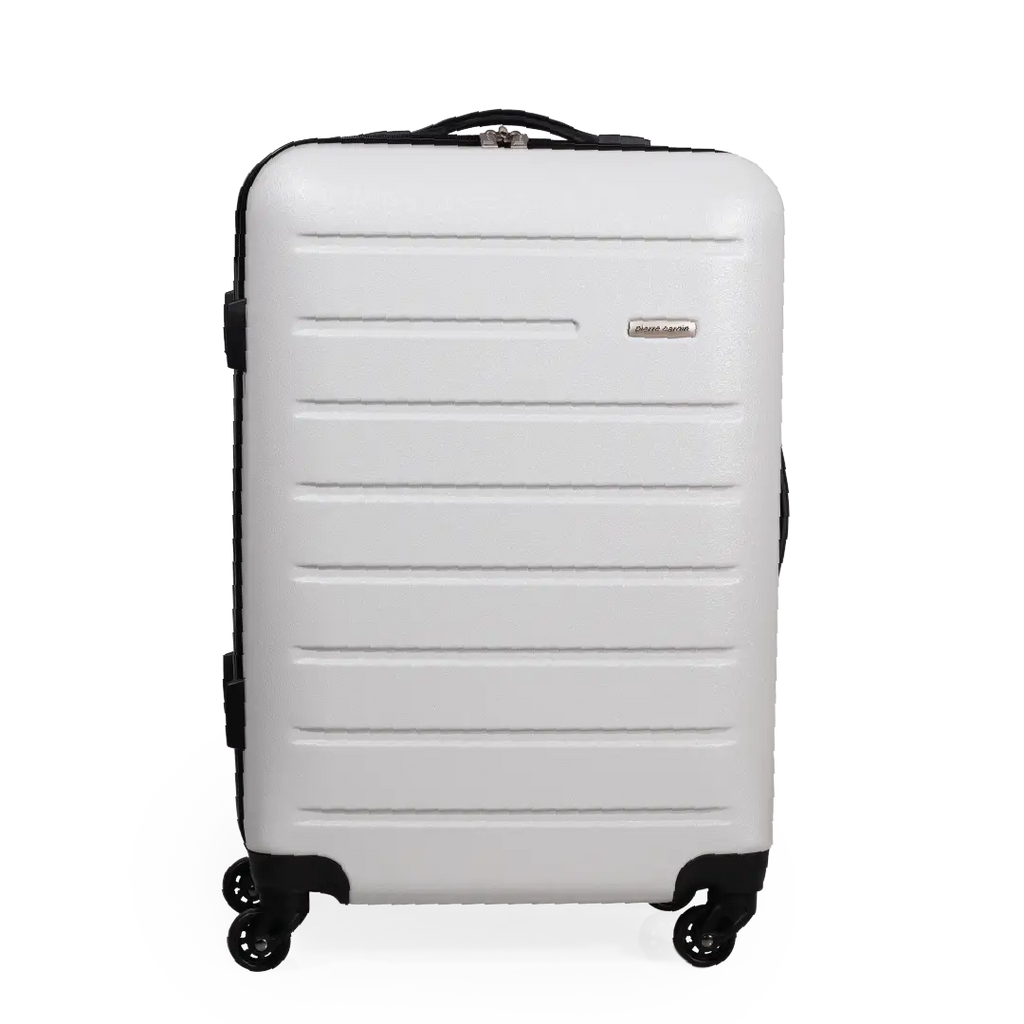 White suitcase with black wheels on a white background
