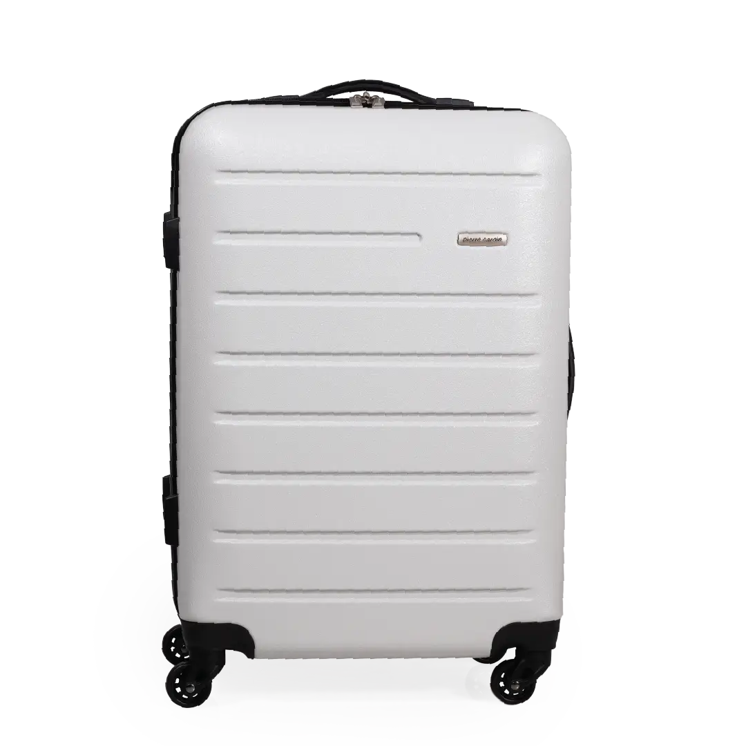 White suitcase with black wheels on a white background