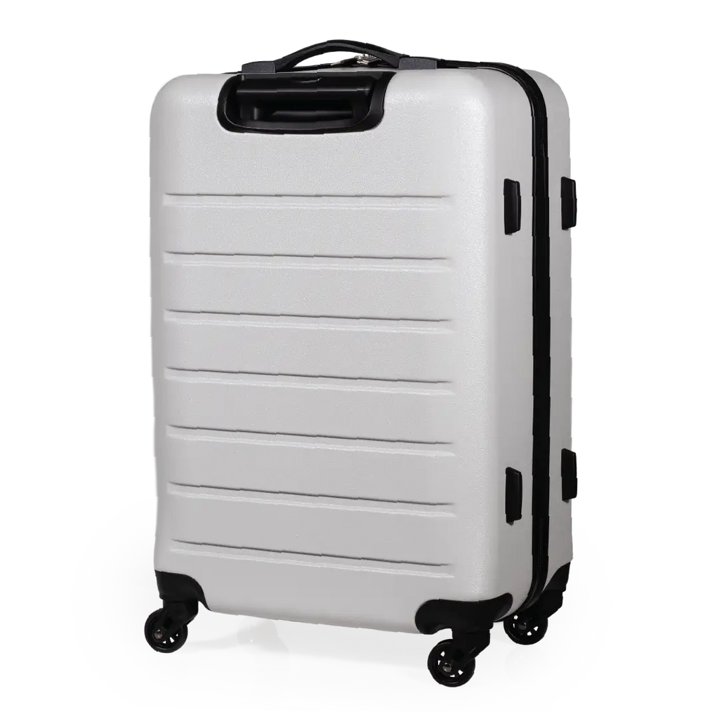 White suitcase with black handles and wheels on a white background