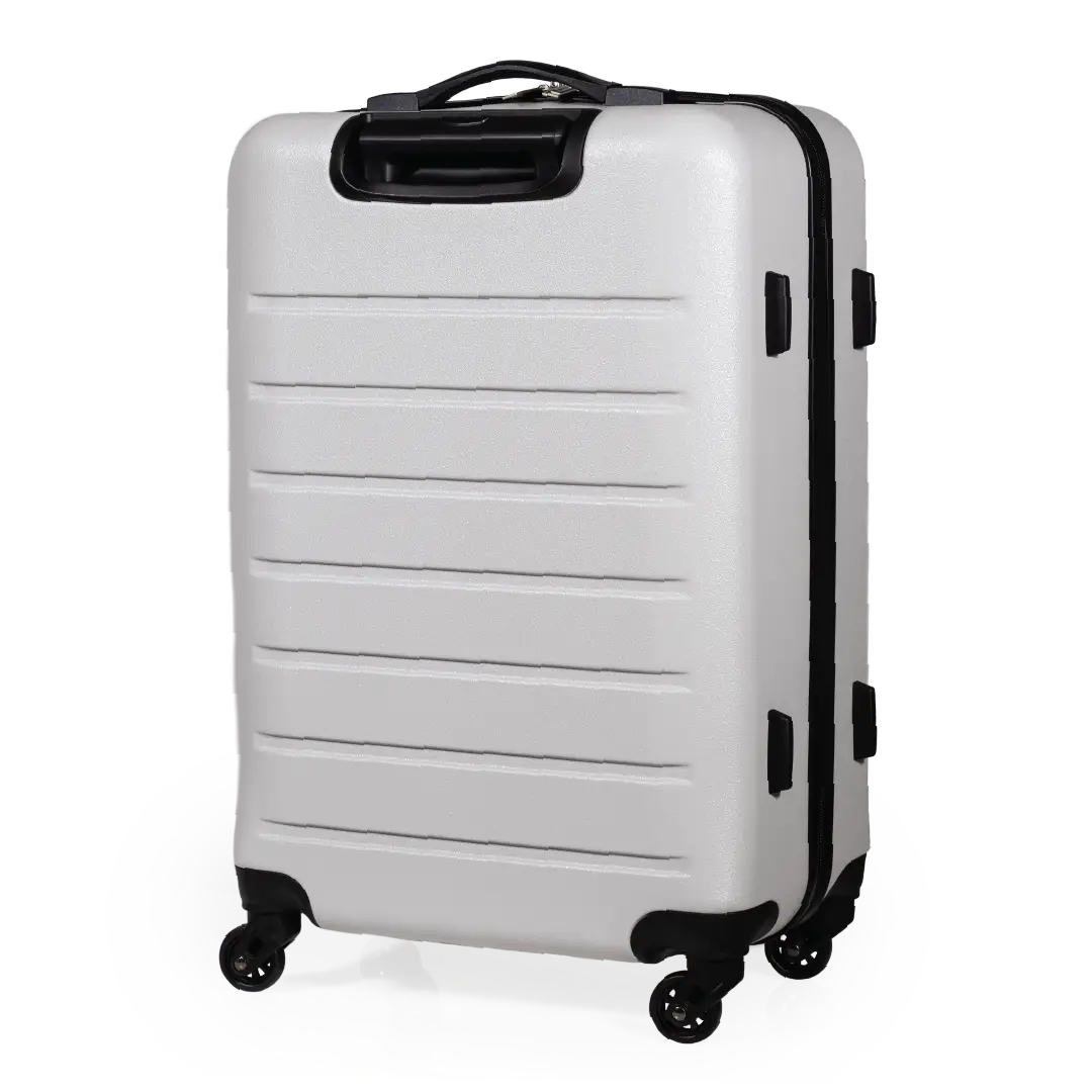 White suitcase with black handles and wheels on a white background