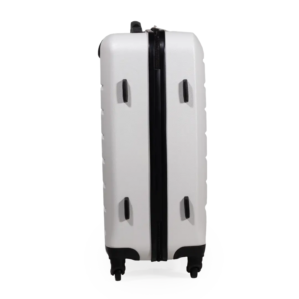 White suitcase with black accents on a white background
