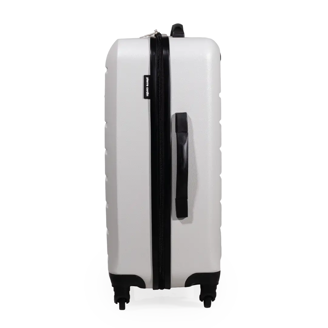 White suitcase with black handle and wheels on a white background