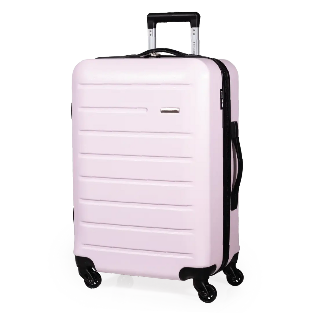 Pink suitcase with black wheels and handle on a white background