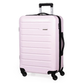 Pink suitcase with black wheels and handle on a white background