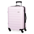 Pink suitcase with black wheels and handle on a white background