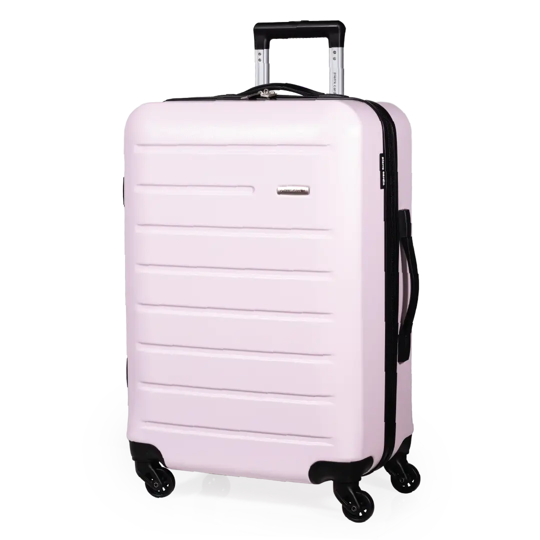 Pink suitcase with black wheels and handle on a white background