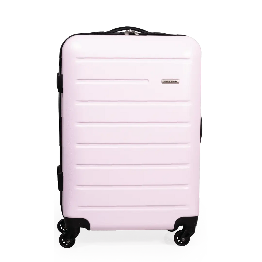 Pink suitcase with black wheels and handle on a white background