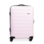 Pink suitcase with black wheels and handle on a white background