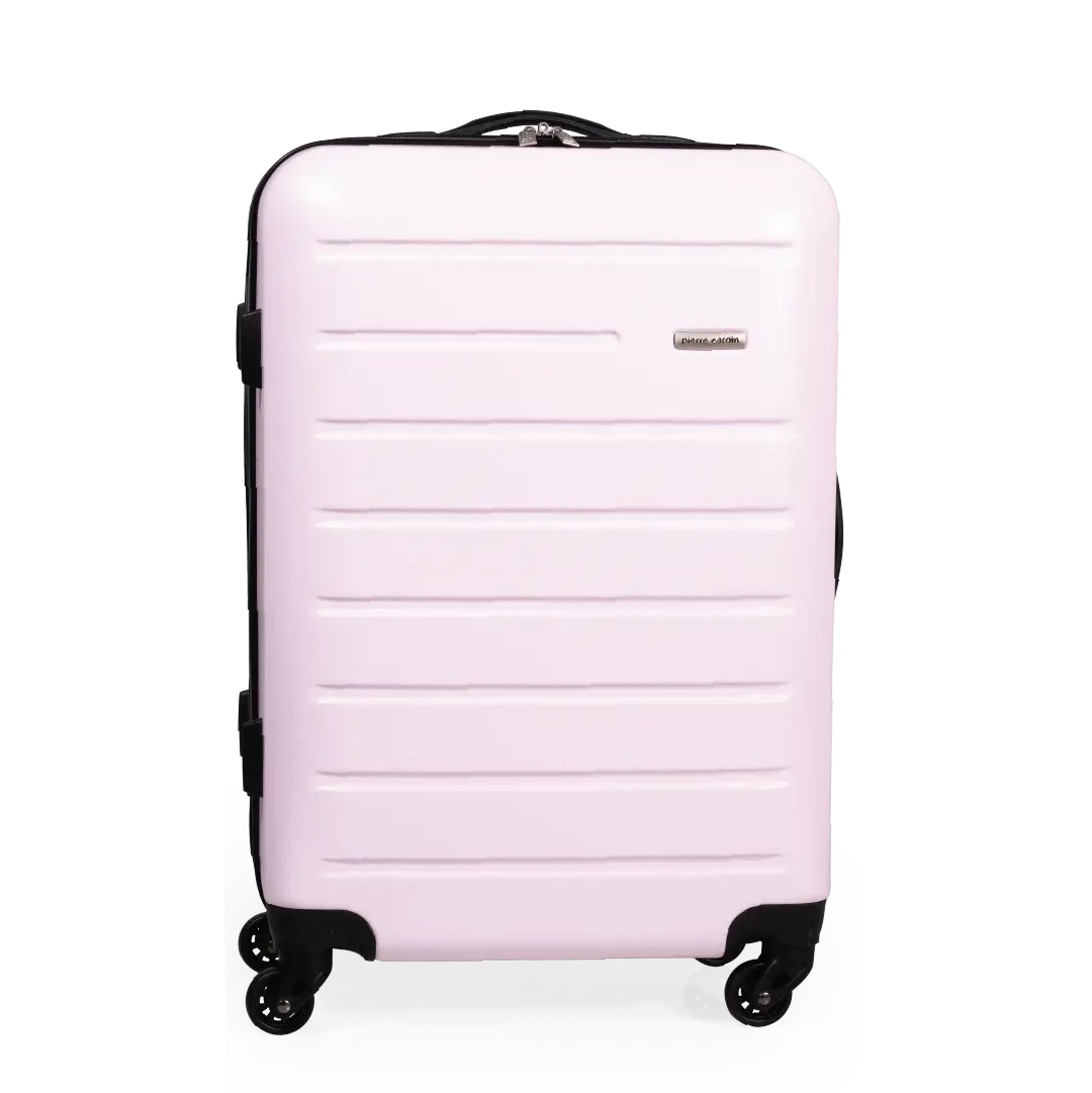 Pink suitcase with black wheels and handle on a white background