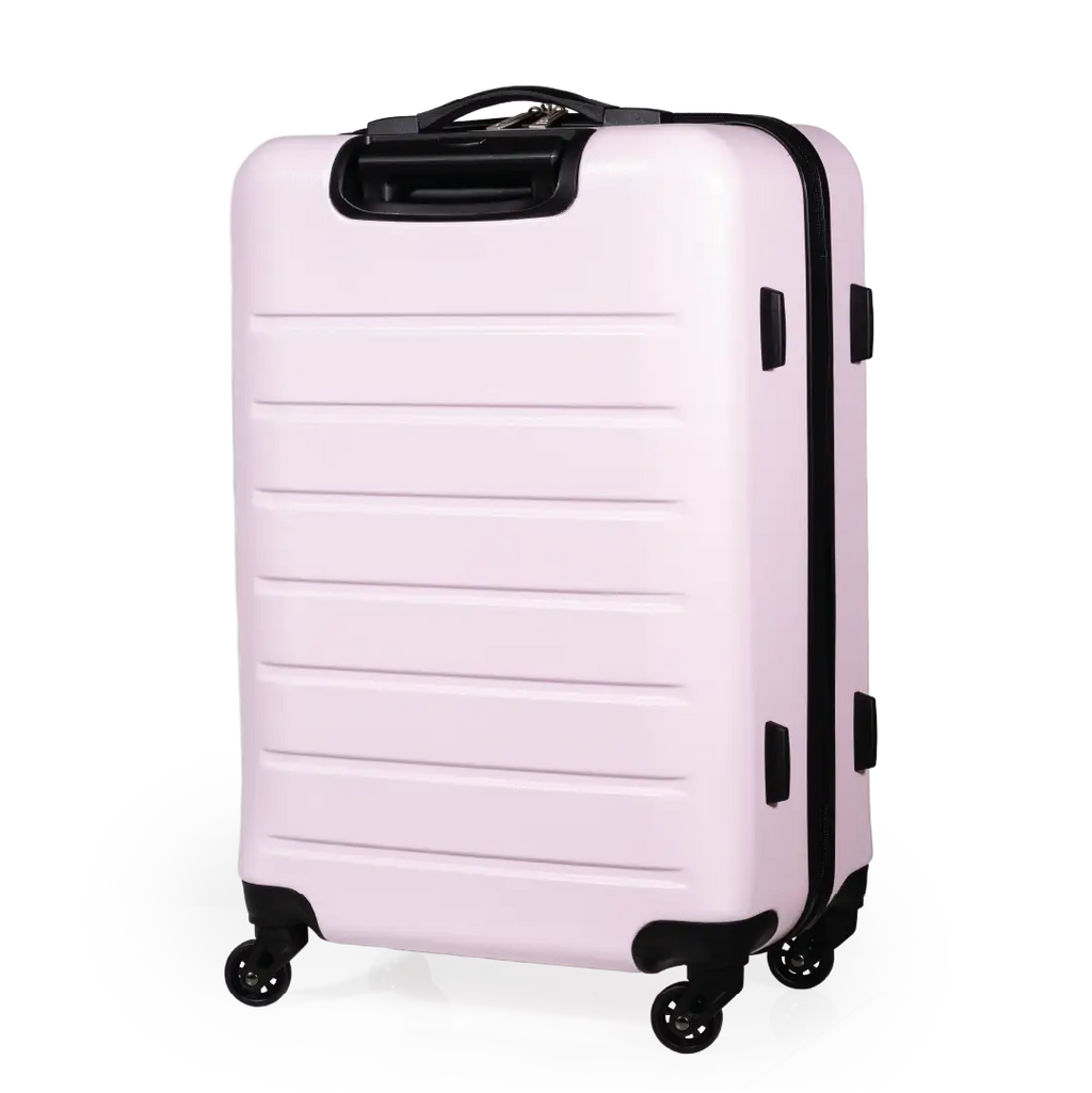 Pink suitcase with black wheels and handle on a white background
