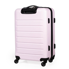 Pink suitcase with black wheels and handle on a white background