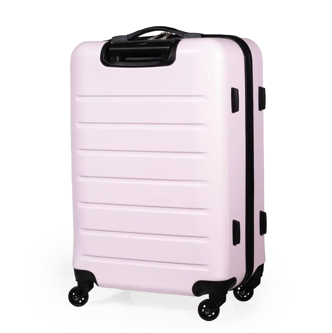 Pink suitcase with black wheels and handle on a white background