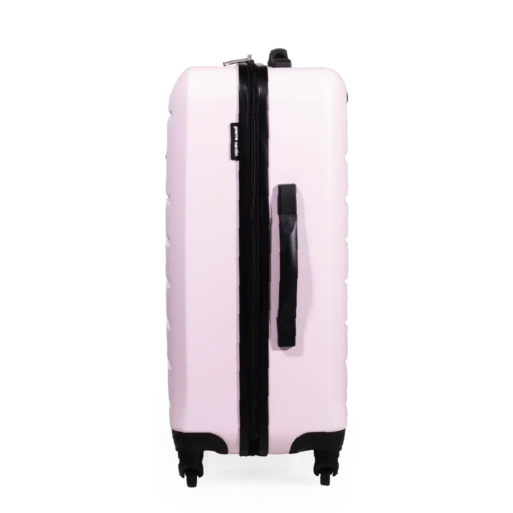Pink suitcase with black handle and wheels on a white background