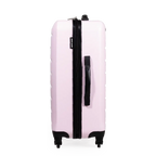 Pink suitcase with black handle and wheels on a white background