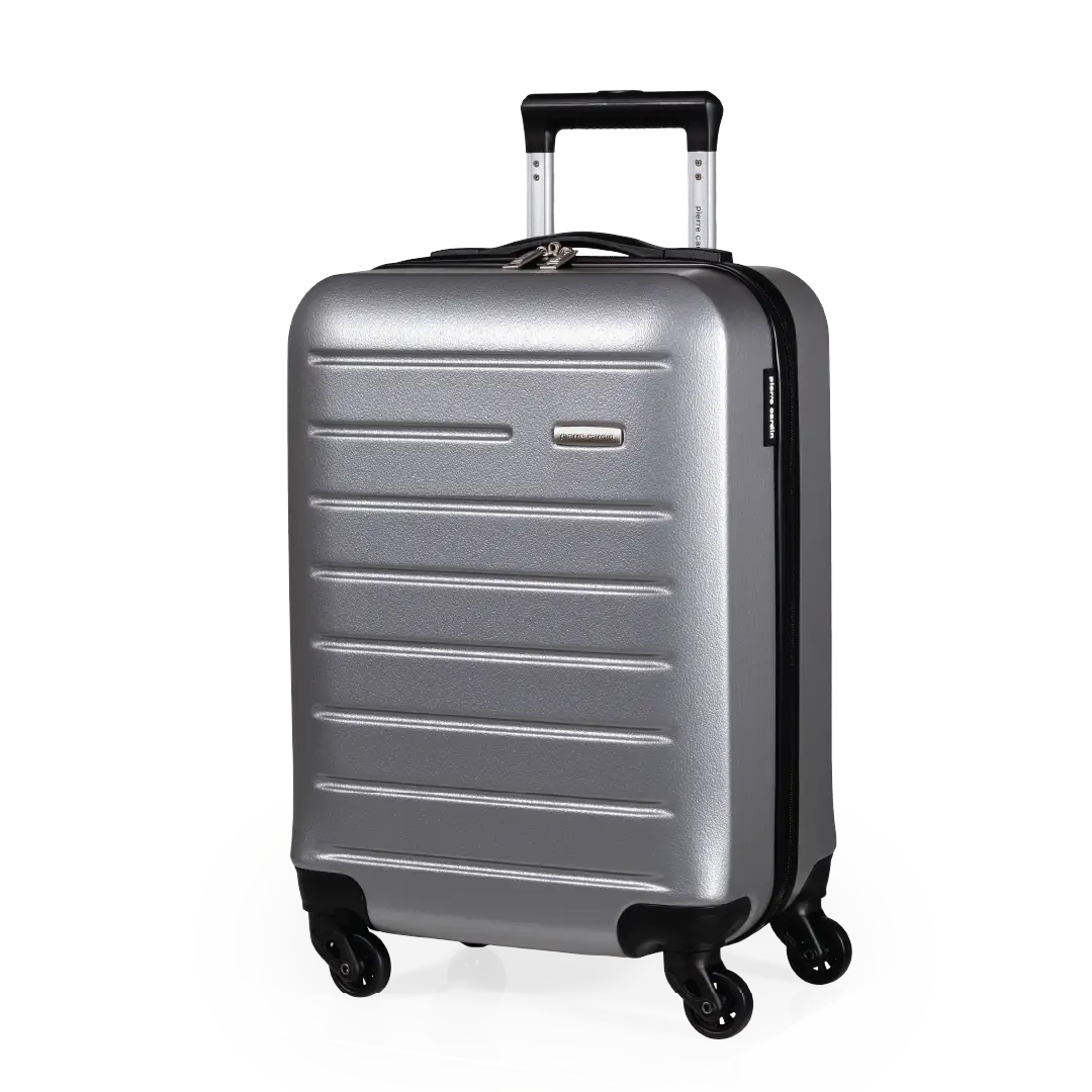 Silver suitcase with black wheels on a white background