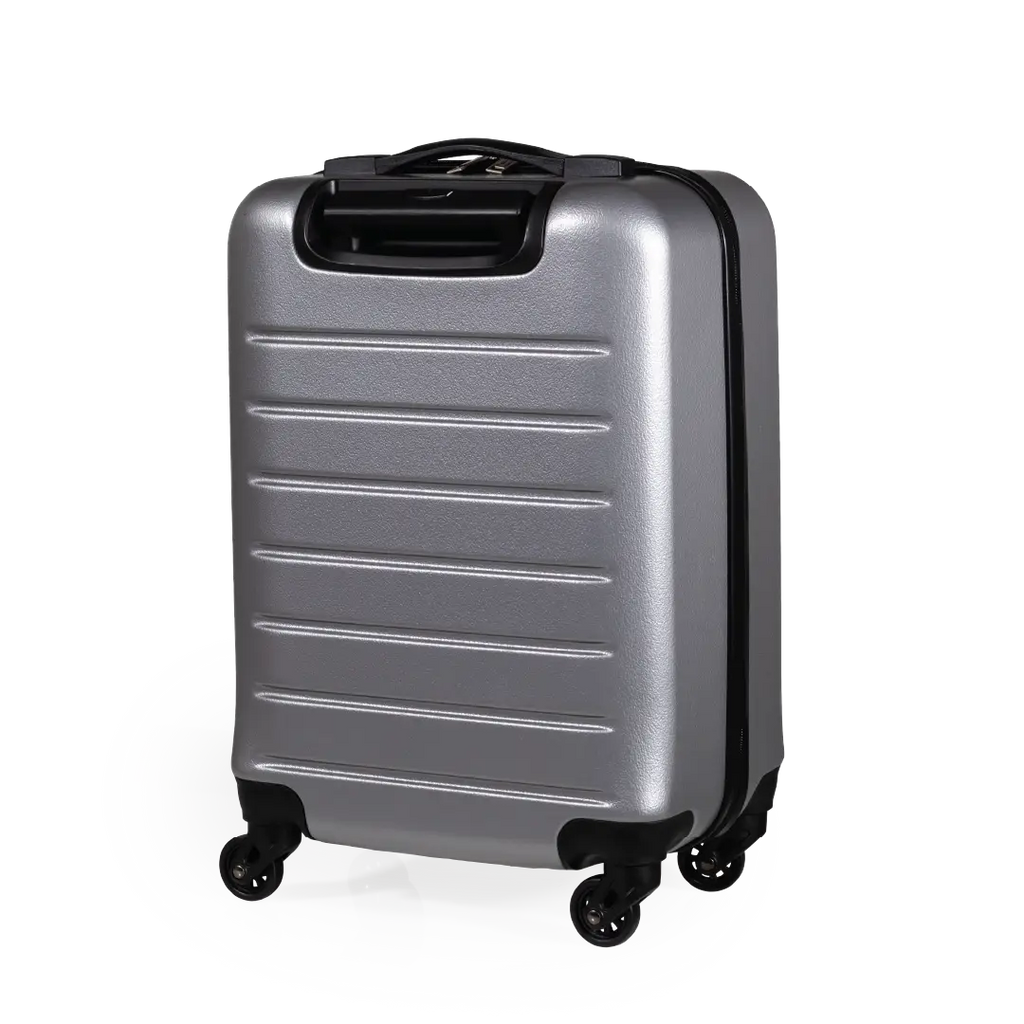 Silver suitcase with black wheels on a white background