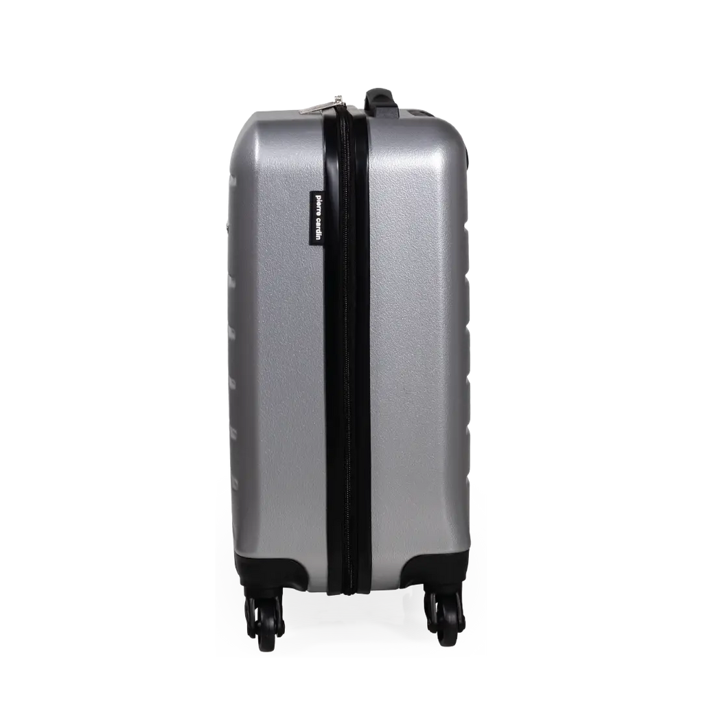Silver suitcase with black zipper on a white background