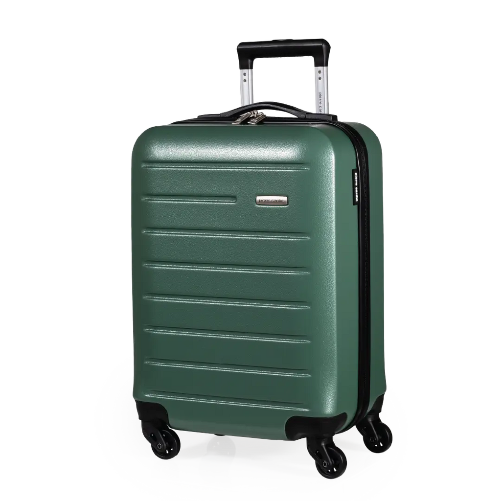 Green suitcase with black wheels and handle on a white background