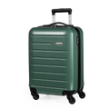 Green suitcase with black wheels and handle on a white background