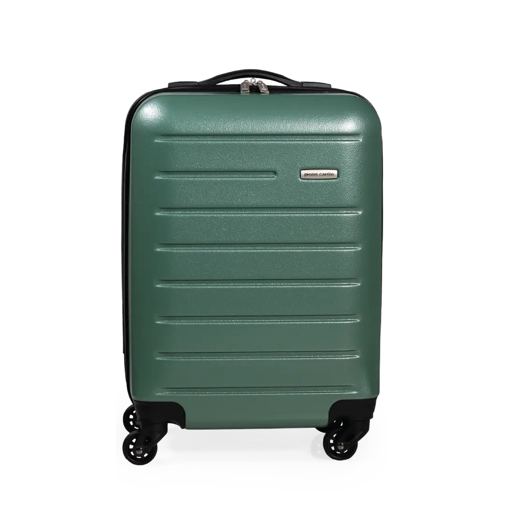 Green suitcase with a visible brand logo on a white background