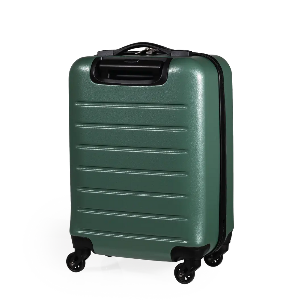 Green suitcase with black wheels on a white background